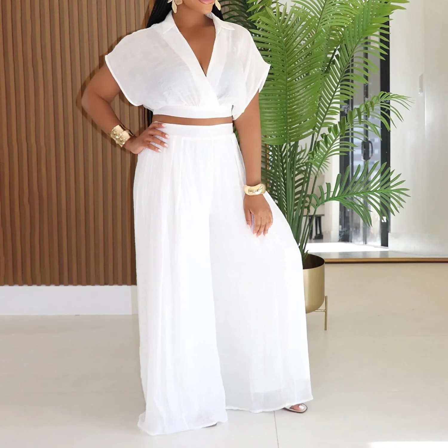 Ekaliy Women's 2 Pieces Outfits Wrap V Neck Crop Top Wide Leg Pants Set Jumpsuits Casual Matching Sets