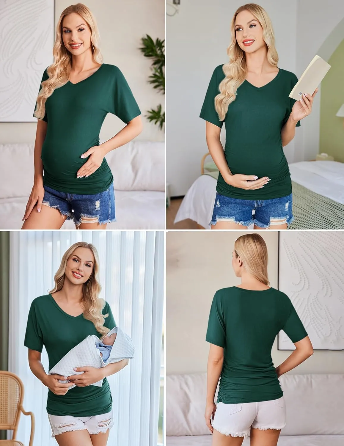 Ekouaer 3 Pack Maternity Shirts V Neck Dolman Sleeve Side Ruched Pregnancy Tops Tunic Blouse