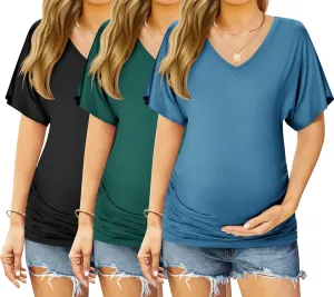 Ekouaer 3 Pack Maternity Shirts V Neck Dolman Sleeve Side Ruched Pregnancy Tops Tunic Blouse