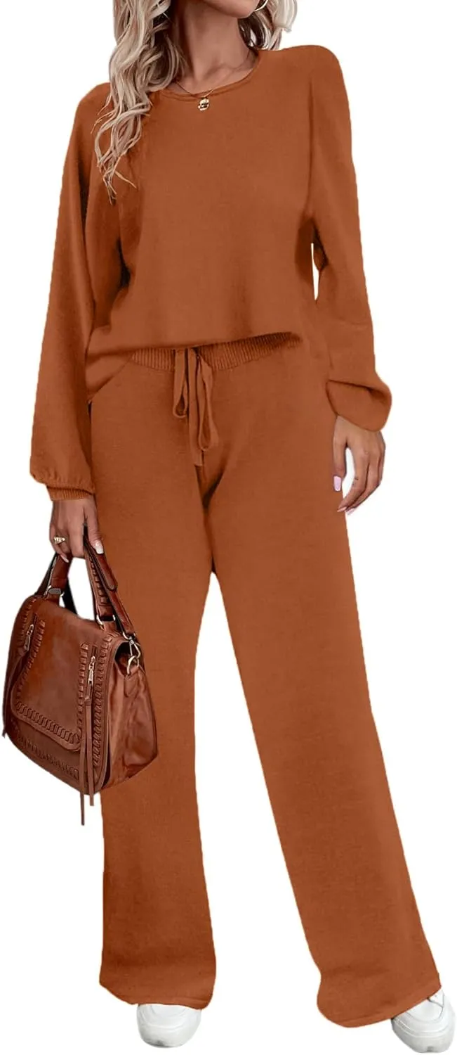 Ekouaer Lounge Sets for Women 2 Piece Sets Knit Sets Long Sleeve Winter Sweater Wide Leg Pants Outfits