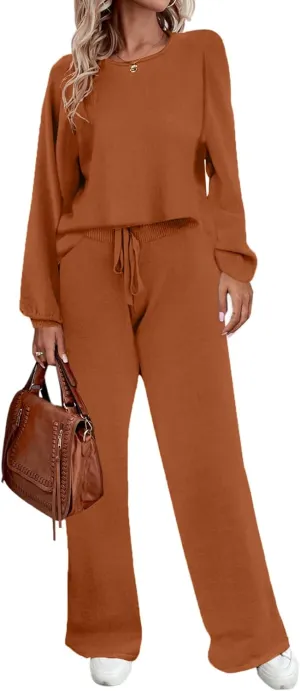 Ekouaer Lounge Sets for Women 2 Piece Sets Knit Sets Long Sleeve Winter Sweater Wide Leg Pants Outfits