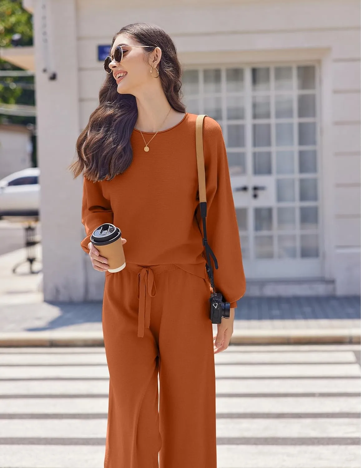 Ekouaer Lounge Sets for Women 2 Piece Sets Knit Sets Long Sleeve Winter Sweater Wide Leg Pants Outfits