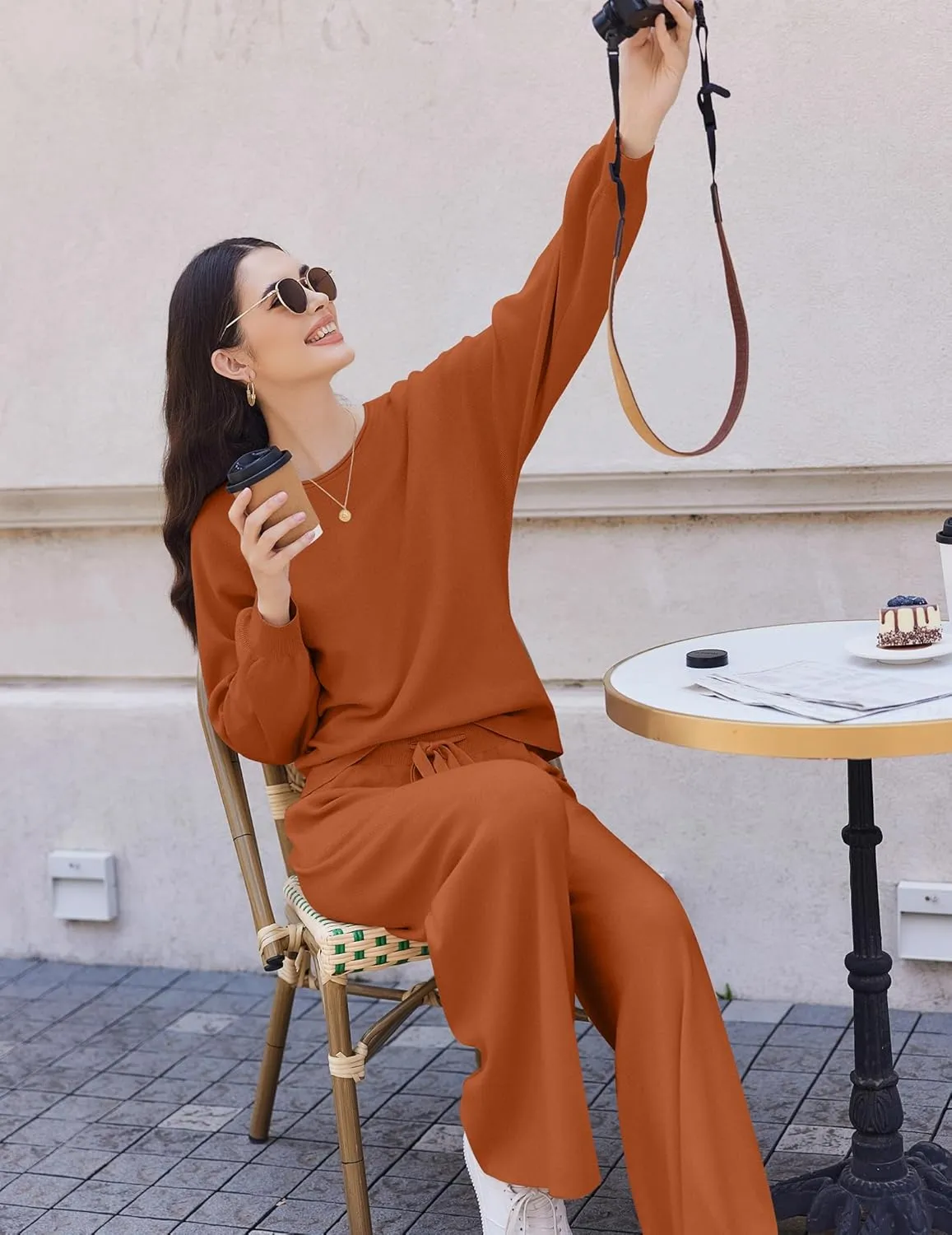 Ekouaer Lounge Sets for Women 2 Piece Sets Knit Sets Long Sleeve Winter Sweater Wide Leg Pants Outfits