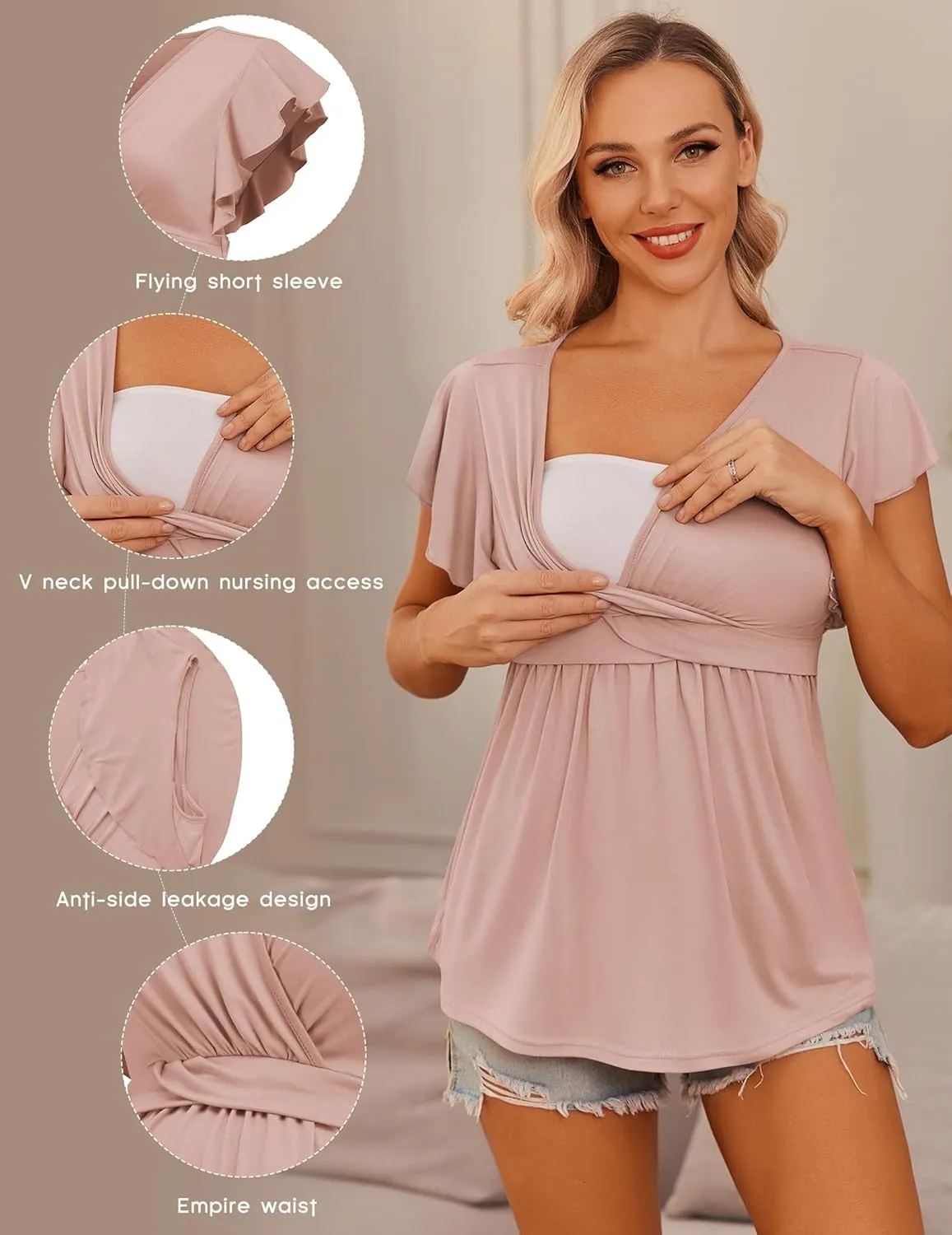 Ekouaer Maternity Shirts 3 Packs Flying Short Sleeve Nursing Tops Pregnancy Clothes
