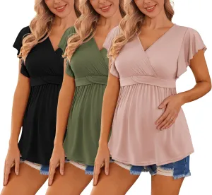 Ekouaer Maternity Shirts 3 Packs Flying Short Sleeve Nursing Tops Pregnancy Clothes