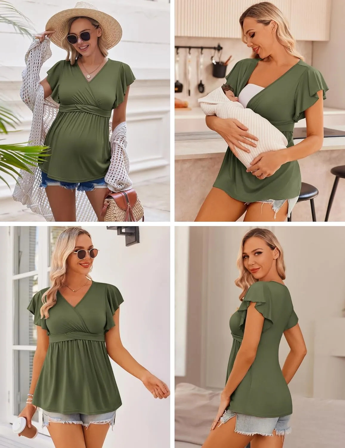 Ekouaer Maternity Shirts 3 Packs Flying Short Sleeve Nursing Tops Pregnancy Clothes
