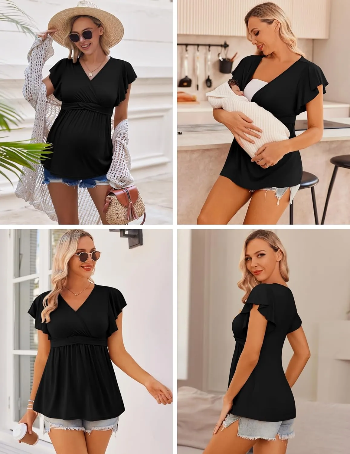 Ekouaer Maternity Shirts 3 Packs Flying Short Sleeve Nursing Tops Pregnancy Clothes
