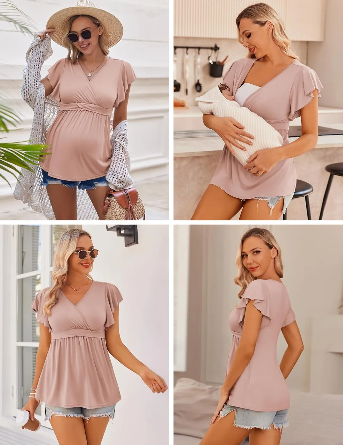 Ekouaer Maternity Shirts 3 Packs Flying Short Sleeve Nursing Tops Pregnancy Clothes