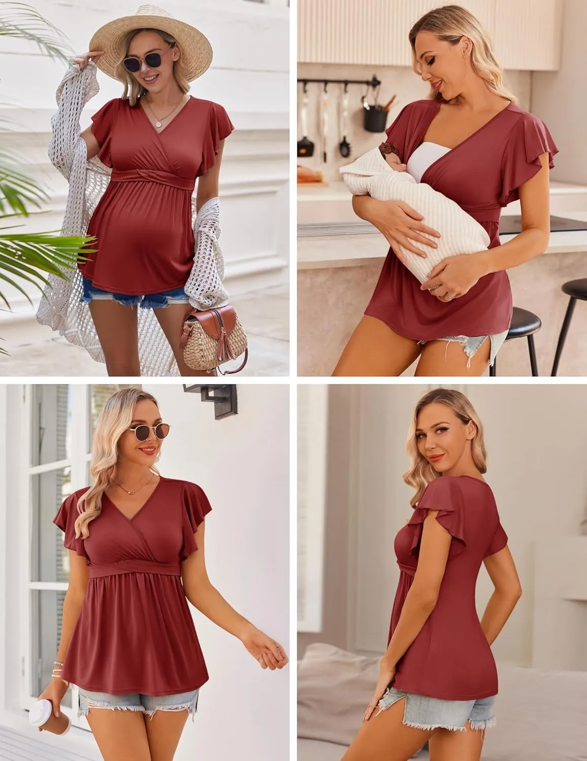Ekouaer Maternity Shirts 3 Packs Flying Short Sleeve Nursing Tops Pregnancy Clothes