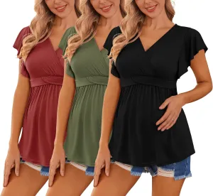 Ekouaer Maternity Shirts 3 Packs Flying Short Sleeve Nursing Tops Pregnancy Clothes