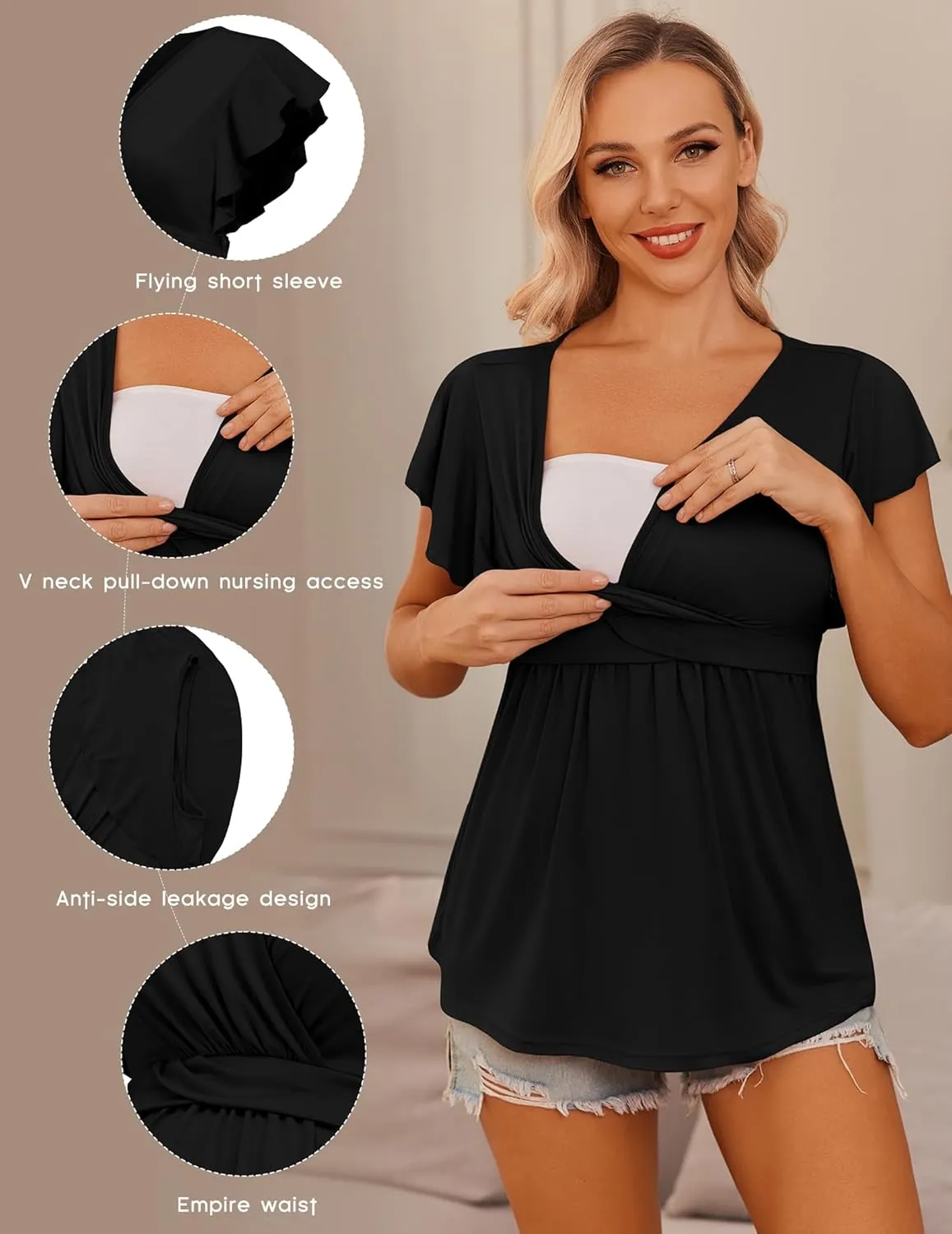 Ekouaer Maternity Shirts 3 Packs Flying Short Sleeve Nursing Tops Pregnancy Clothes