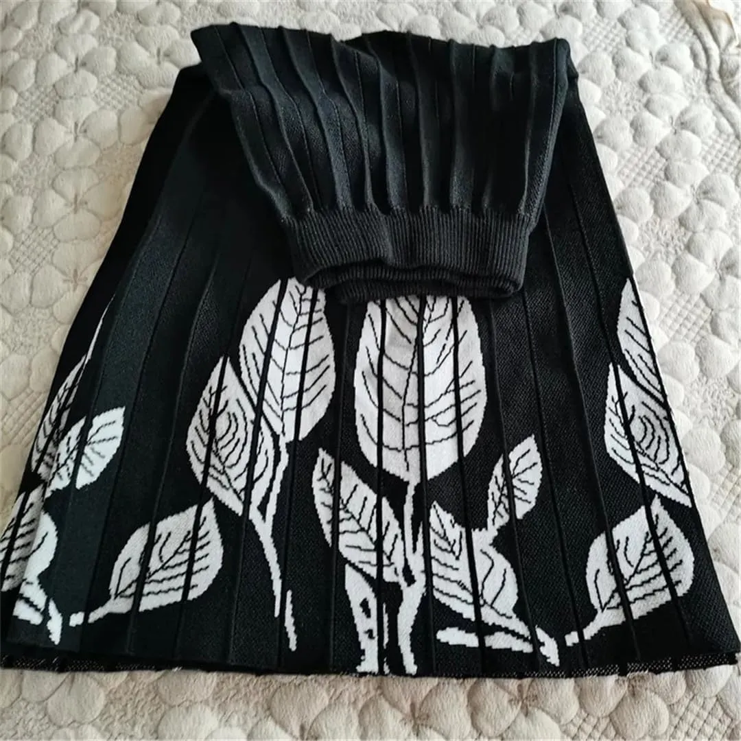 Elastic High Waist Pleated A-Line Skirts for Women Autumn Winter Printing Thicken Knitted All-Match Midi Skirt