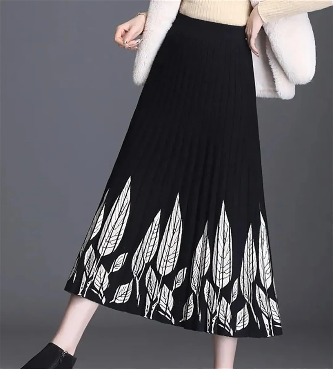 Elastic High Waist Pleated A-Line Skirts for Women Autumn Winter Printing Thicken Knitted All-Match Midi Skirt