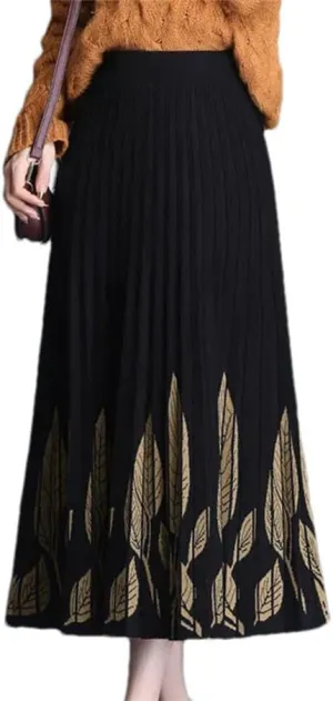 Elastic High Waist Pleated A-Line Skirts for Women Autumn Winter Printing Thicken Knitted All-Match Midi Skirt