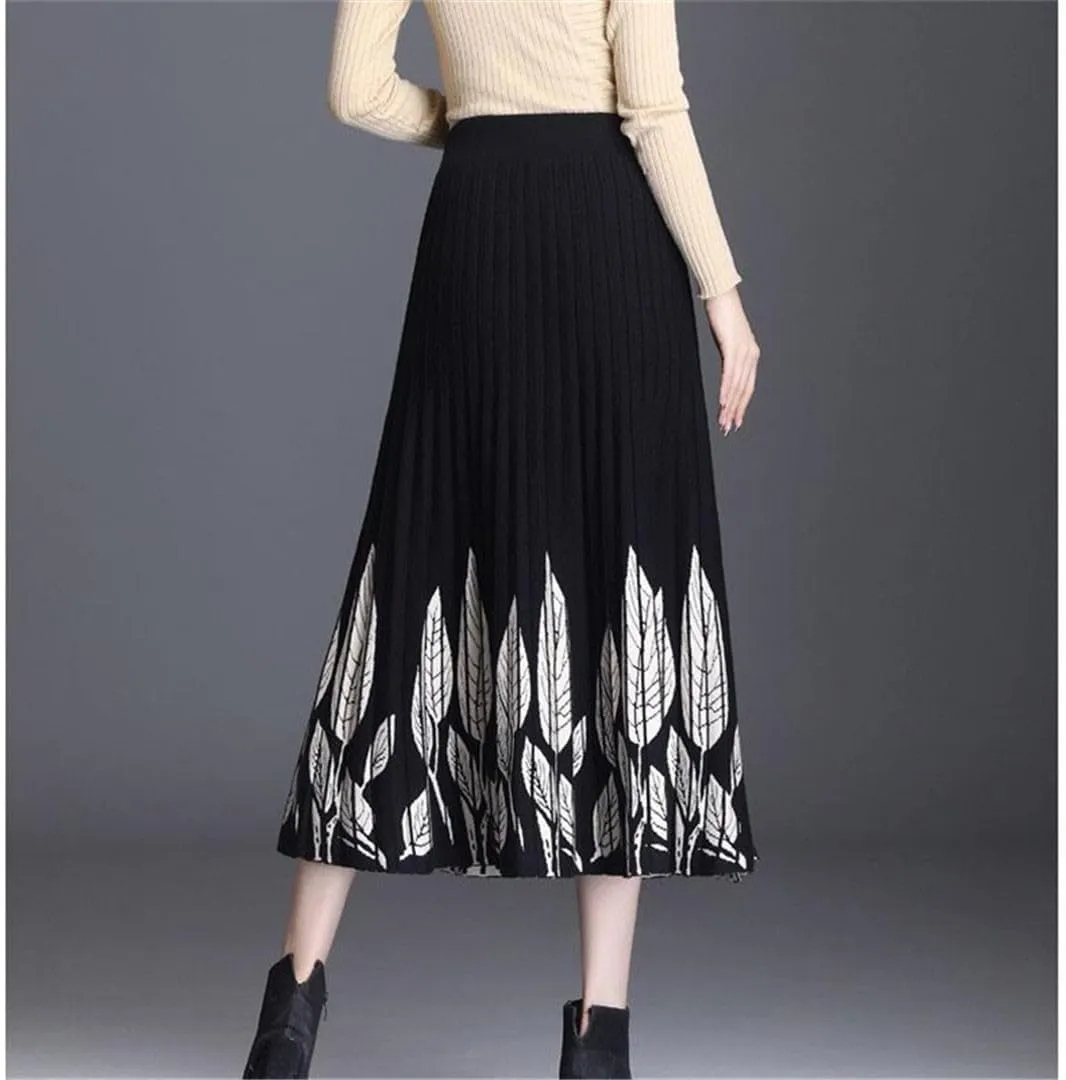 Elastic High Waist Pleated A-Line Skirts for Women Autumn Winter Printing Thicken Knitted All-Match Midi Skirt