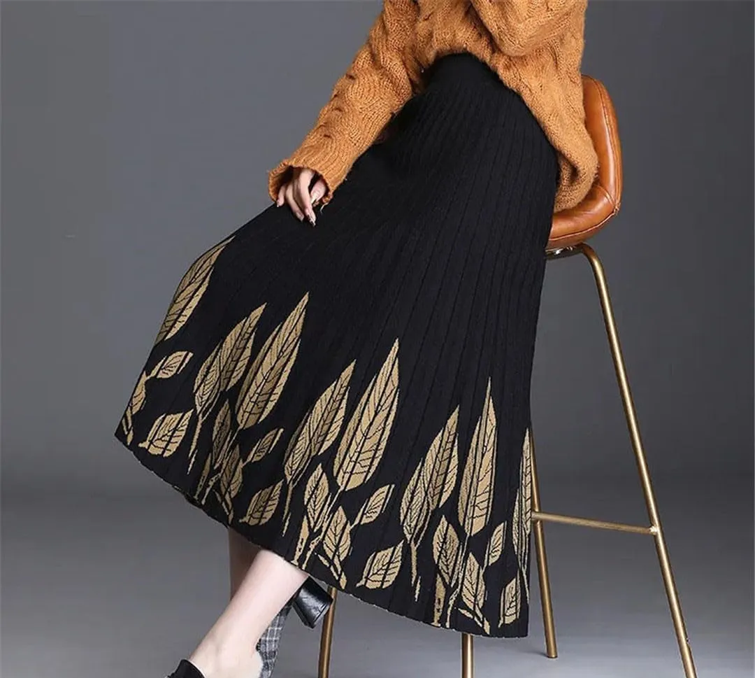 Elastic High Waist Pleated A-Line Skirts for Women Autumn Winter Printing Thicken Knitted All-Match Midi Skirt
