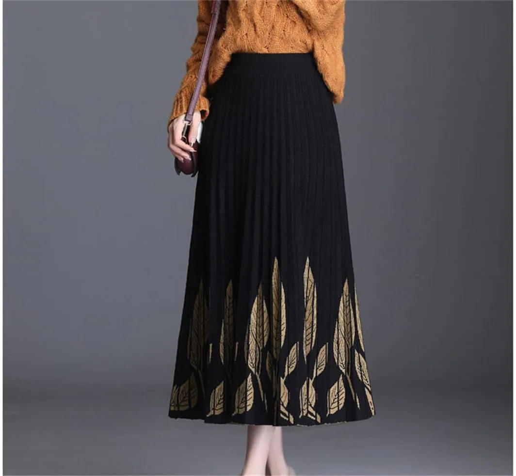 Elastic High Waist Pleated A-Line Skirts for Women Autumn Winter Printing Thicken Knitted All-Match Midi Skirt