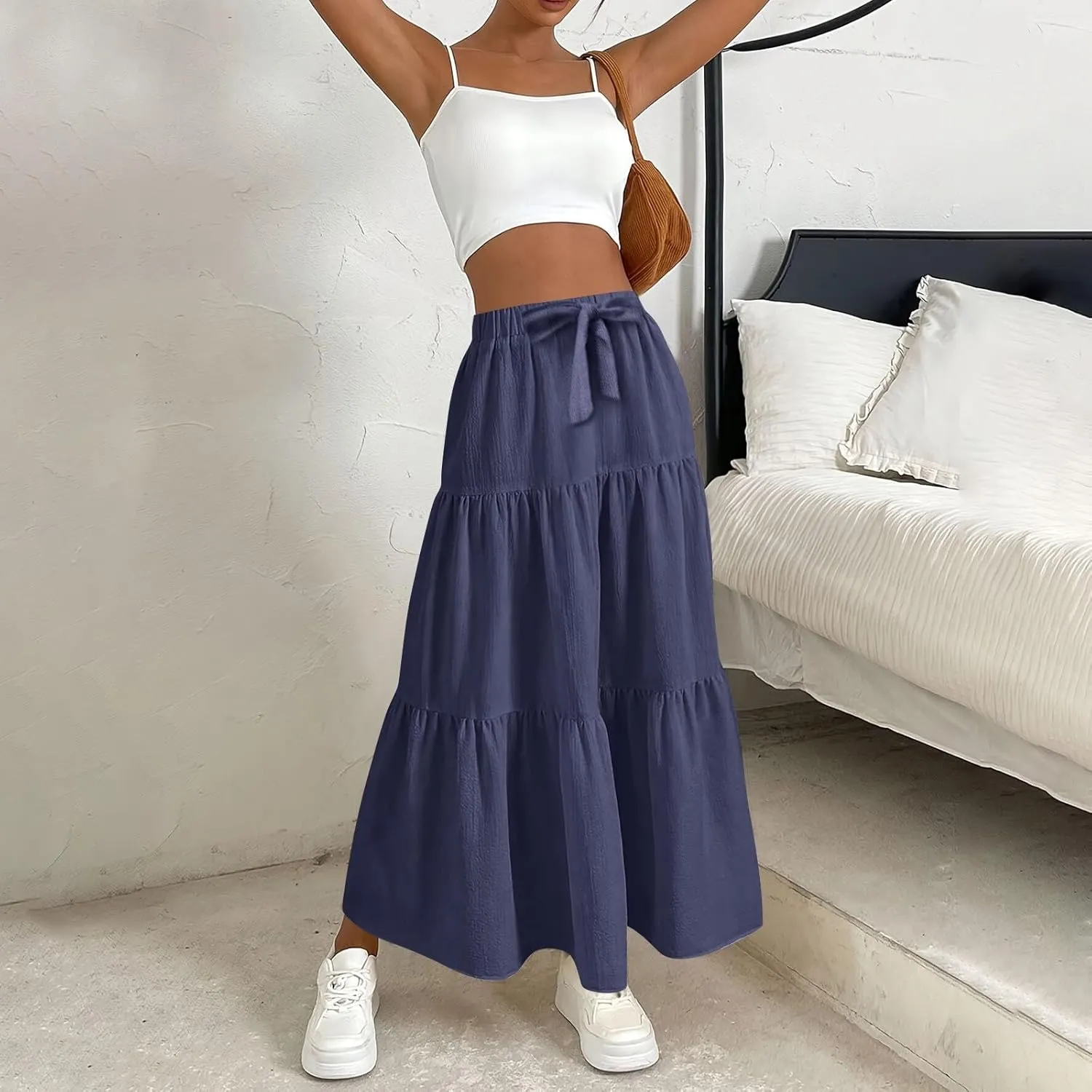 Elastic Waistband Long Beach Skirt Elegant Swinging Layered White Dress Women Beach Fashion for Women Black Skirt