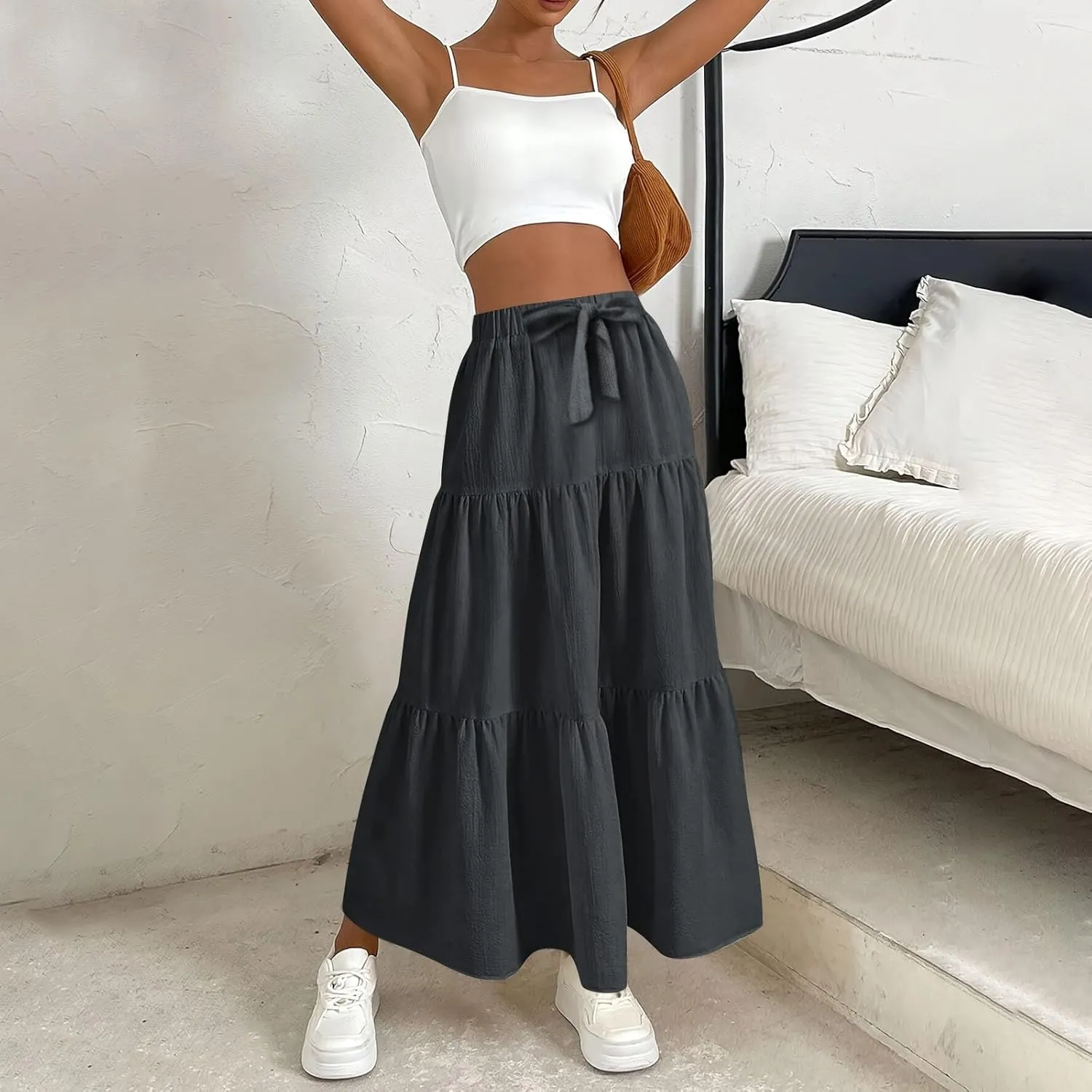 Elastic Waistband Long Beach Skirt Elegant Swinging Layered White Dress Women Beach Fashion for Women Black Skirt