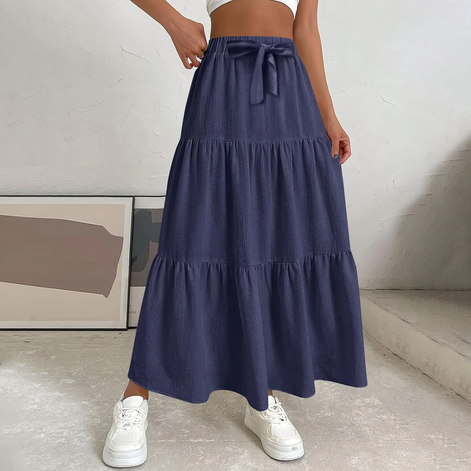 Elastic Waistband Long Beach Skirt Elegant Swinging Layered White Dress Women Beach Fashion for Women Black Skirt