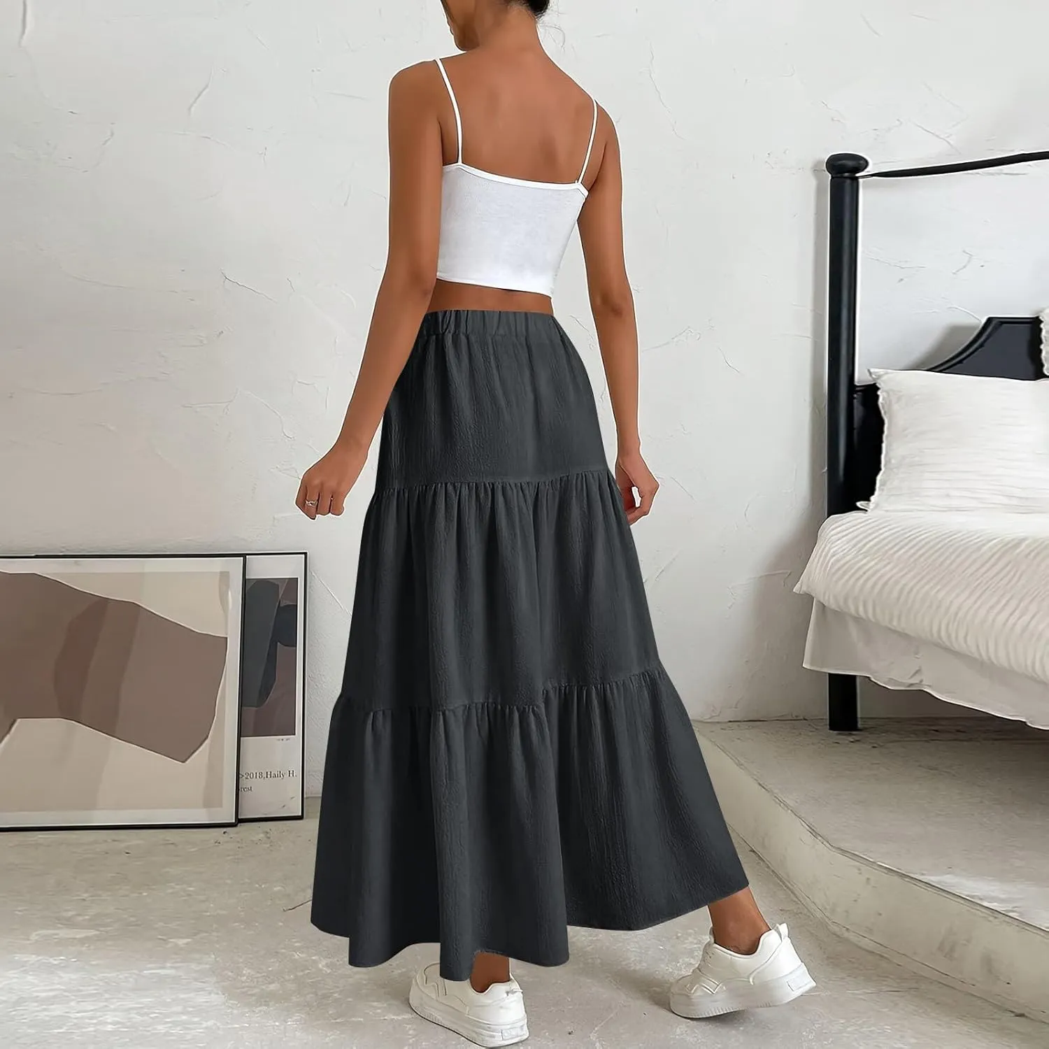 Elastic Waistband Long Beach Skirt Elegant Swinging Layered White Dress Women Beach Fashion for Women Black Skirt