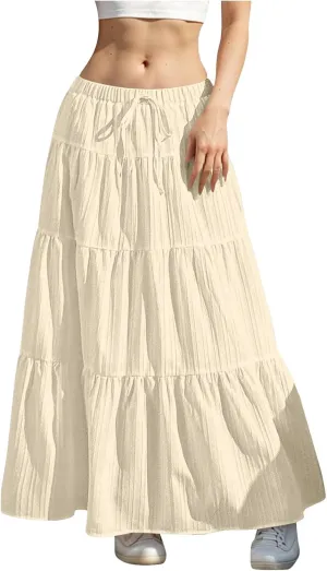 Elastic Waistband Long Beach Skirt Elegant Swinging Layered White Dress Women Beach Fashion for Women Black Skirt