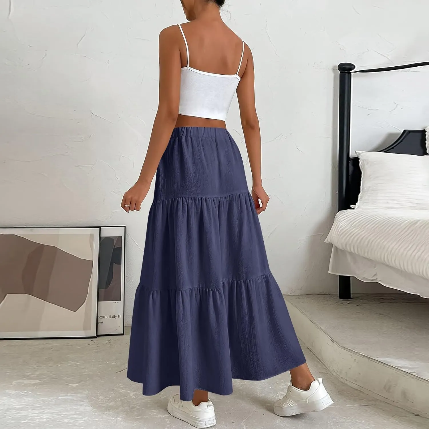 Elastic Waistband Long Beach Skirt Elegant Swinging Layered White Dress Women Beach Fashion for Women Black Skirt