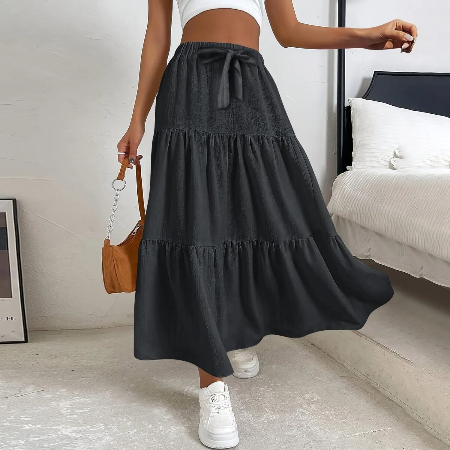 Elastic Waistband Long Beach Skirt Elegant Swinging Layered White Dress Women Beach Fashion for Women Black Skirt