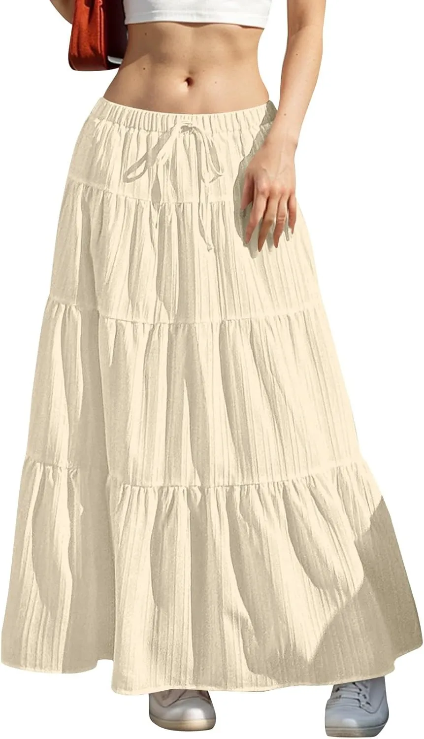 Elastic Waistband Long Beach Skirt Elegant Swinging Layered White Dress Women Beach Fashion for Women Black Skirt