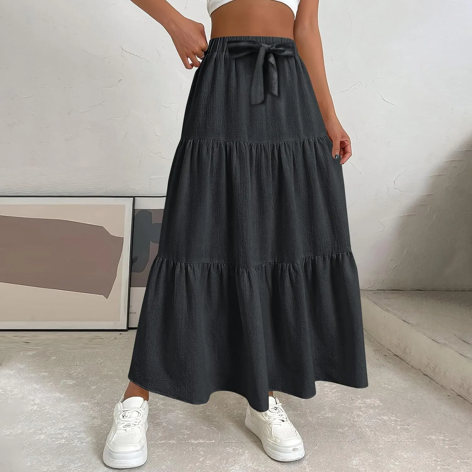 Elastic Waistband Long Beach Skirt Elegant Swinging Layered White Dress Women Beach Fashion for Women Black Skirt