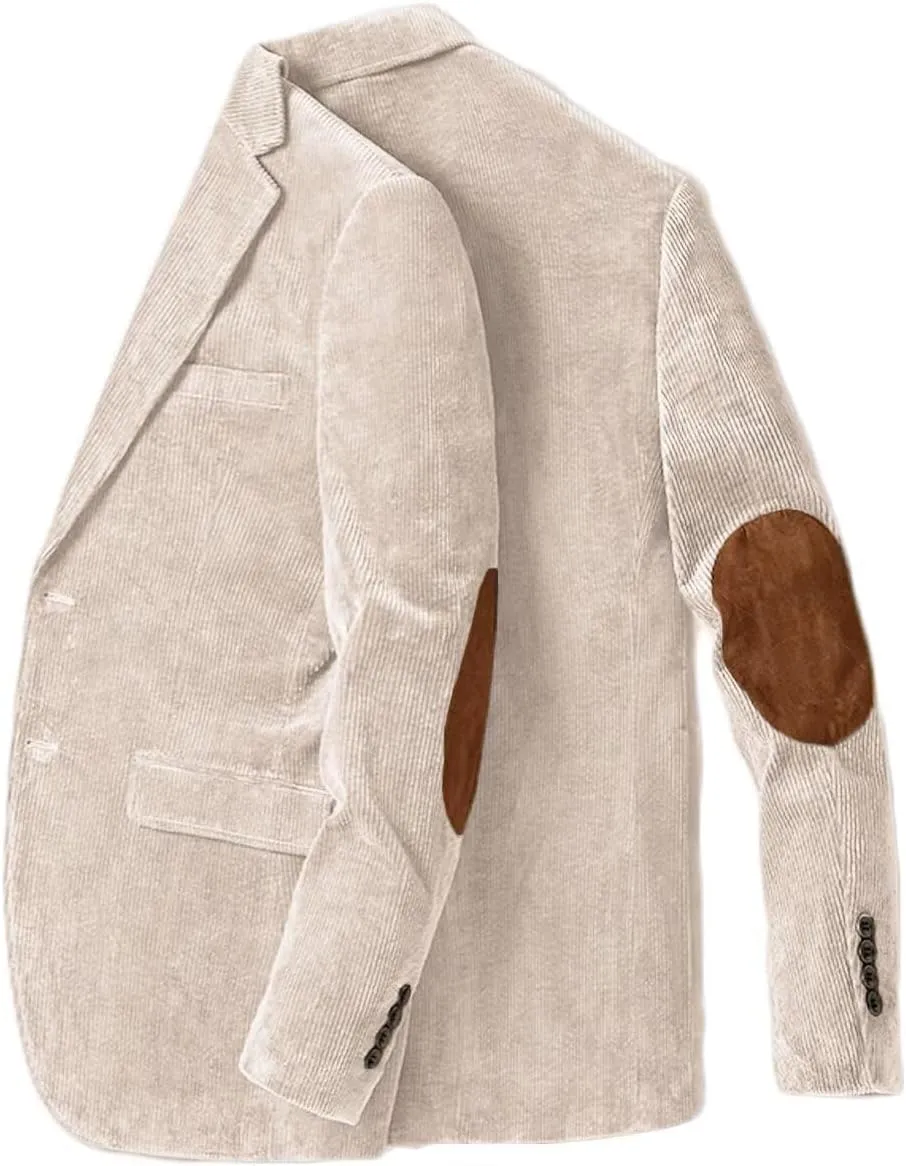 Elbow Welding Corduroy Blazer Sport Coats for Men Slim Fit Single Breasted Winter Warm Jacket Beige L