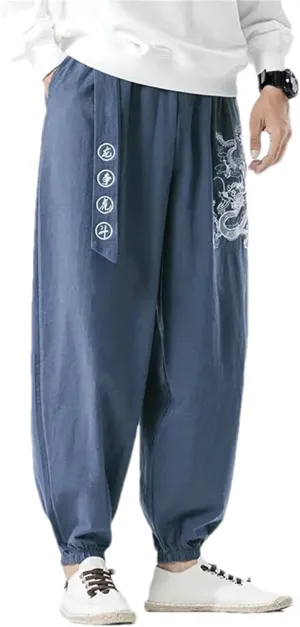 Embroidery Harem Pants Men's Casual Pants Spring Men Sashes Sweatpants Men Wide Leg Pants Cotton Linen Jogger