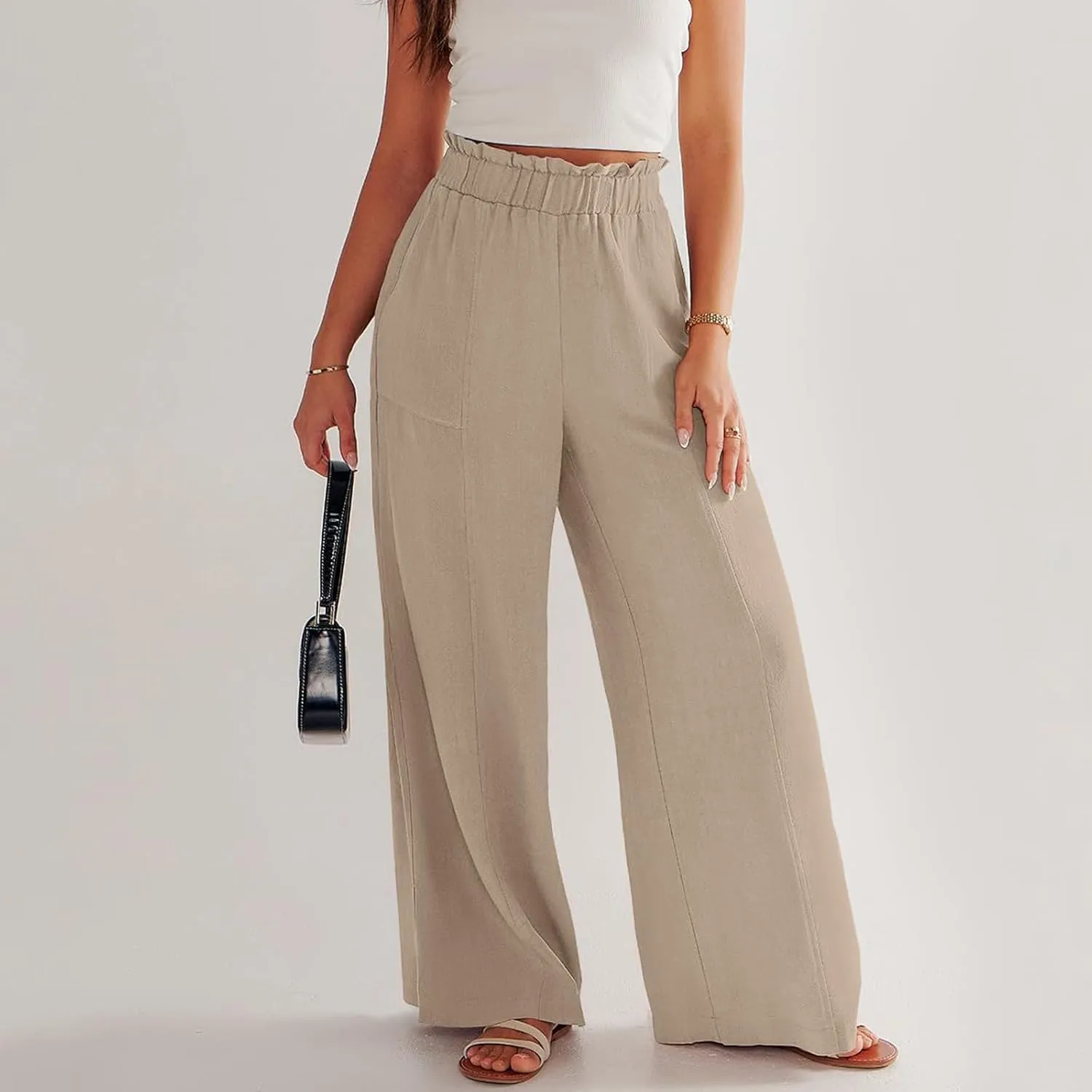eoeioa Wide Leg Linen Pants for Women Summer Elastic High Waisted Palazzo Pants Business Casual Beach Trousers with Pockets