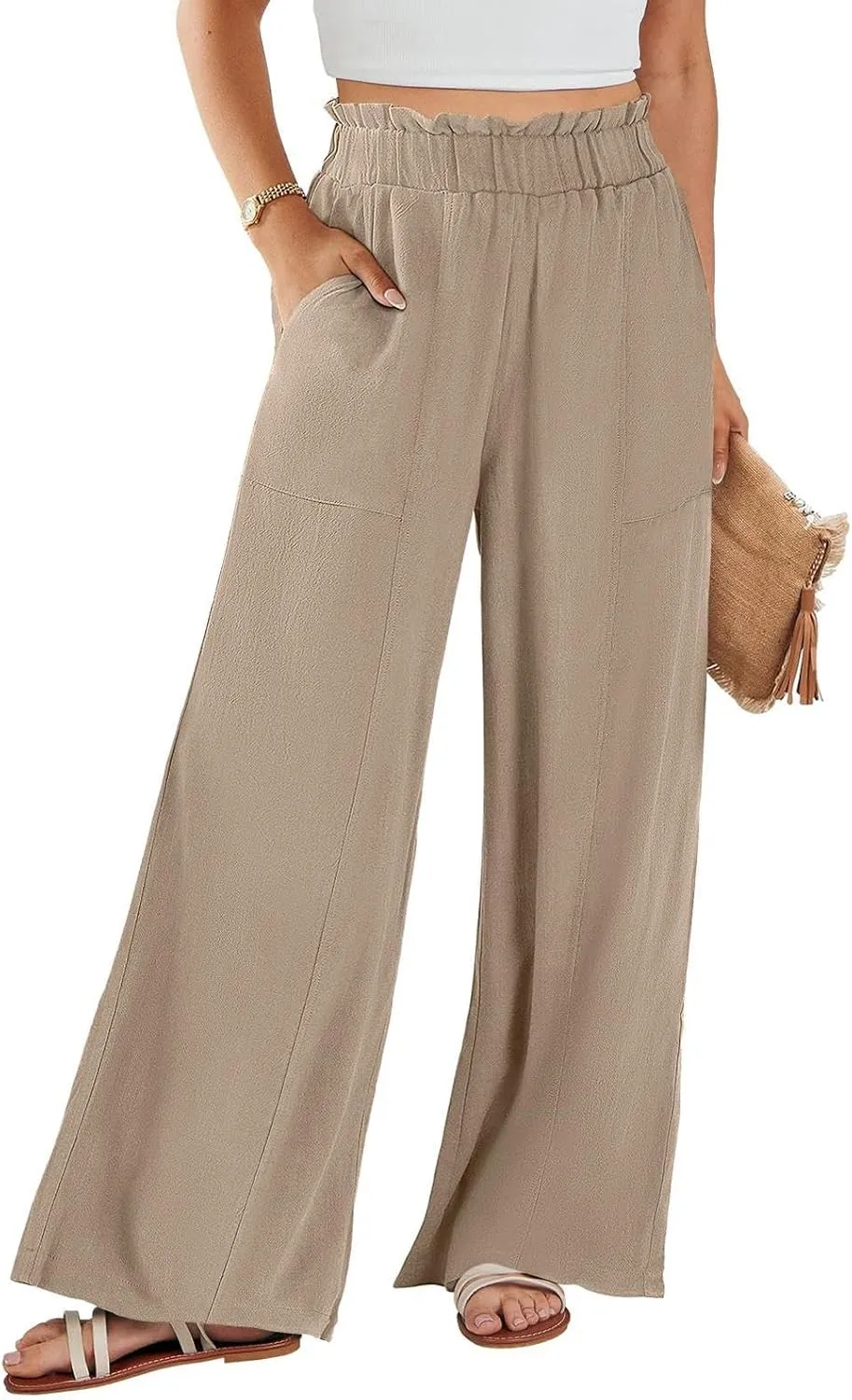 eoeioa Wide Leg Linen Pants for Women Summer Elastic High Waisted Palazzo Pants Business Casual Beach Trousers with Pockets