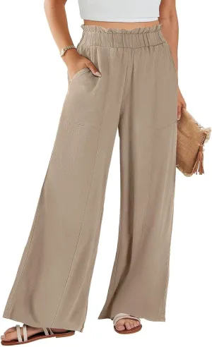 eoeioa Wide Leg Linen Pants for Women Summer Elastic High Waisted Palazzo Pants Business Casual Beach Trousers with Pockets