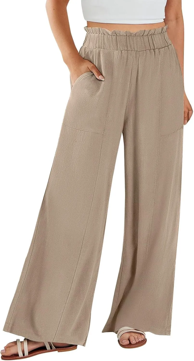 eoeioa Wide Leg Linen Pants for Women Summer Elastic High Waisted Palazzo Pants Business Casual Beach Trousers with Pockets