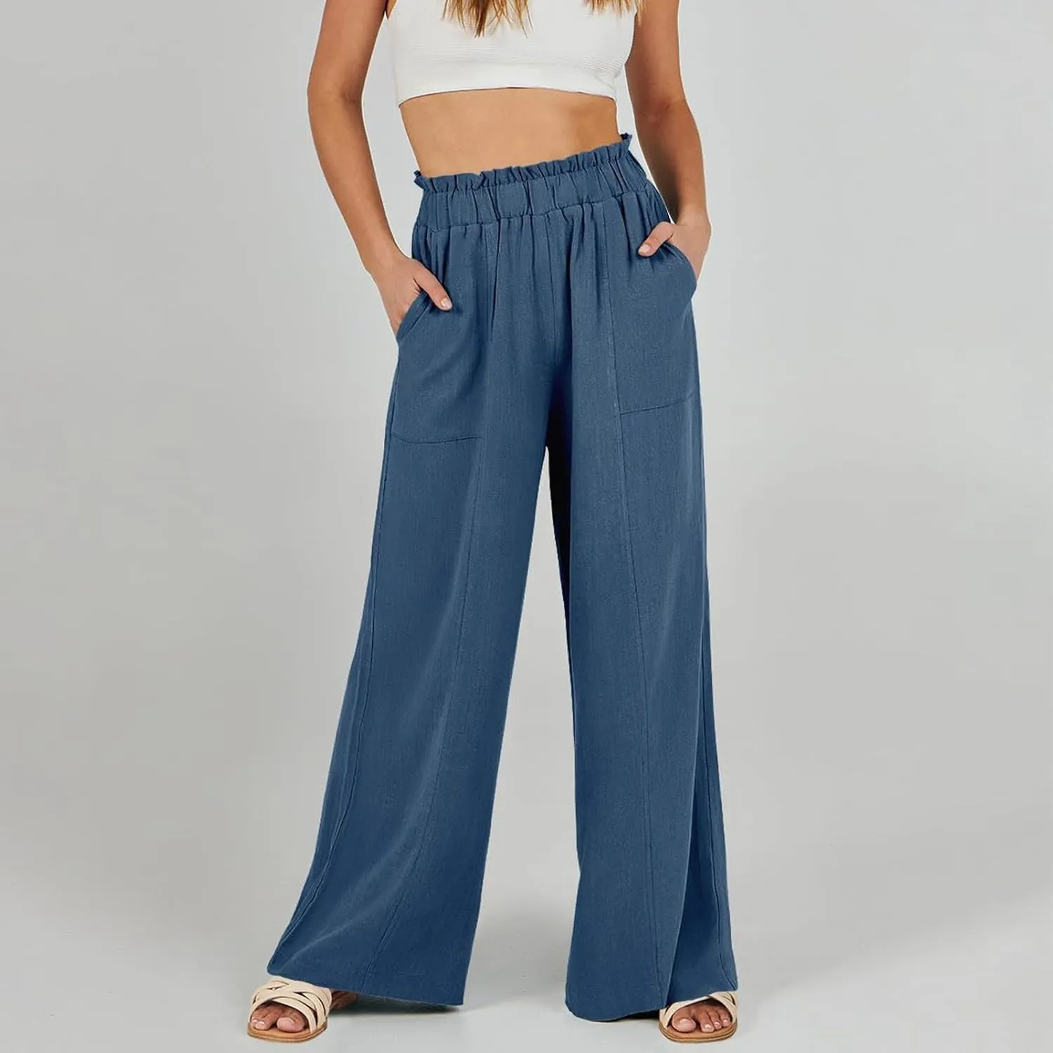 eoeioa Wide Leg Linen Pants for Women Summer Elastic High Waisted Palazzo Pants Business Casual Beach Trousers with Pockets