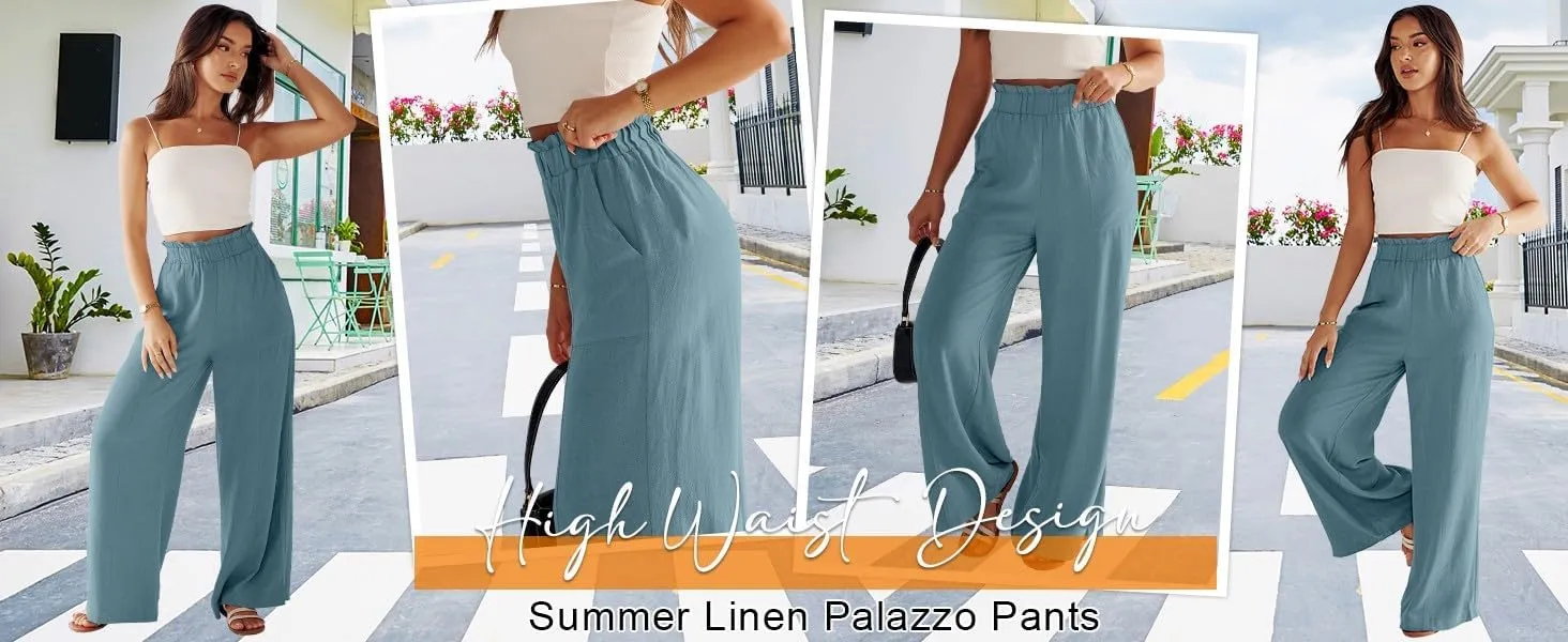 eoeioa Wide Leg Linen Pants for Women Summer Elastic High Waisted Palazzo Pants Business Casual Beach Trousers with Pockets