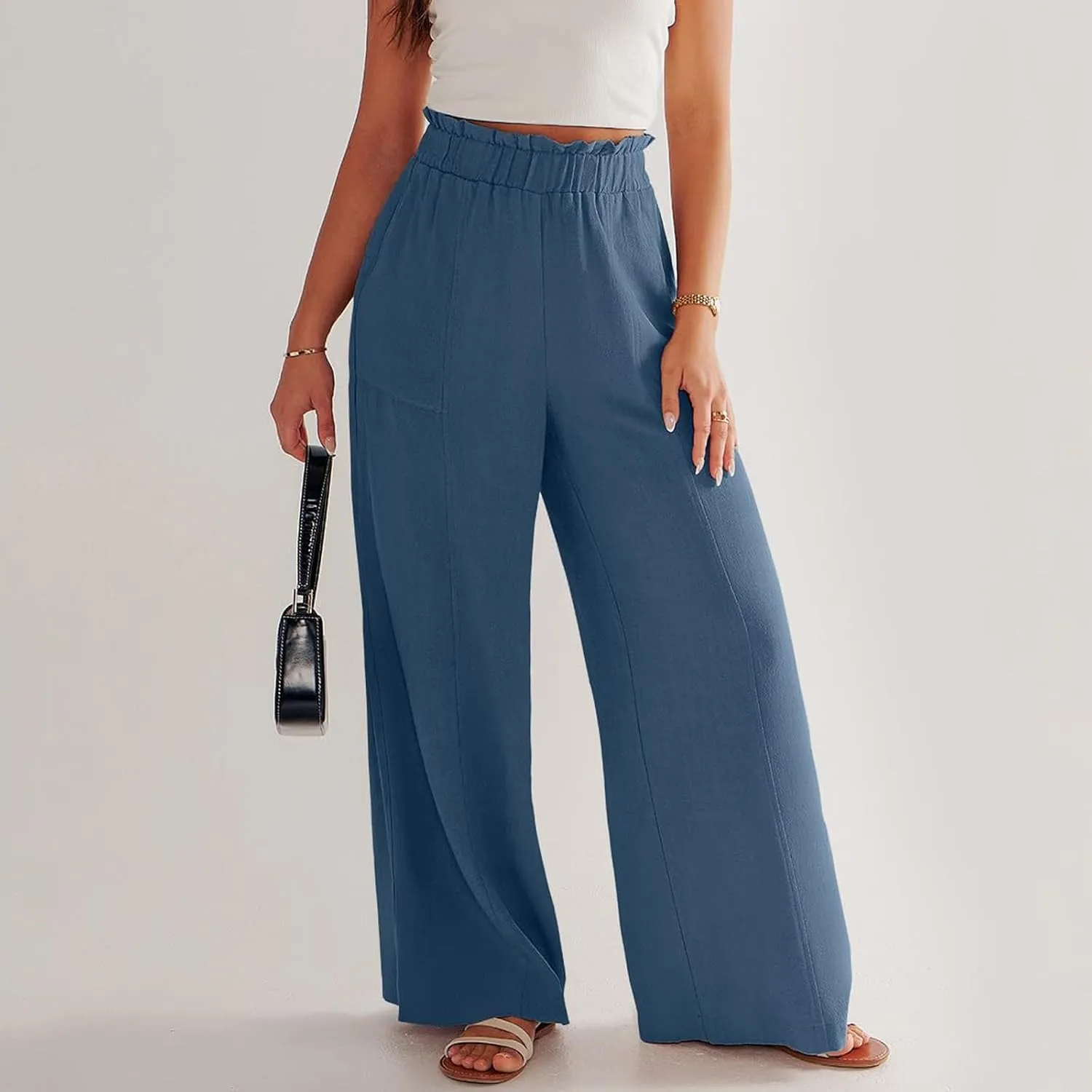 eoeioa Wide Leg Linen Pants for Women Summer Elastic High Waisted Palazzo Pants Business Casual Beach Trousers with Pockets