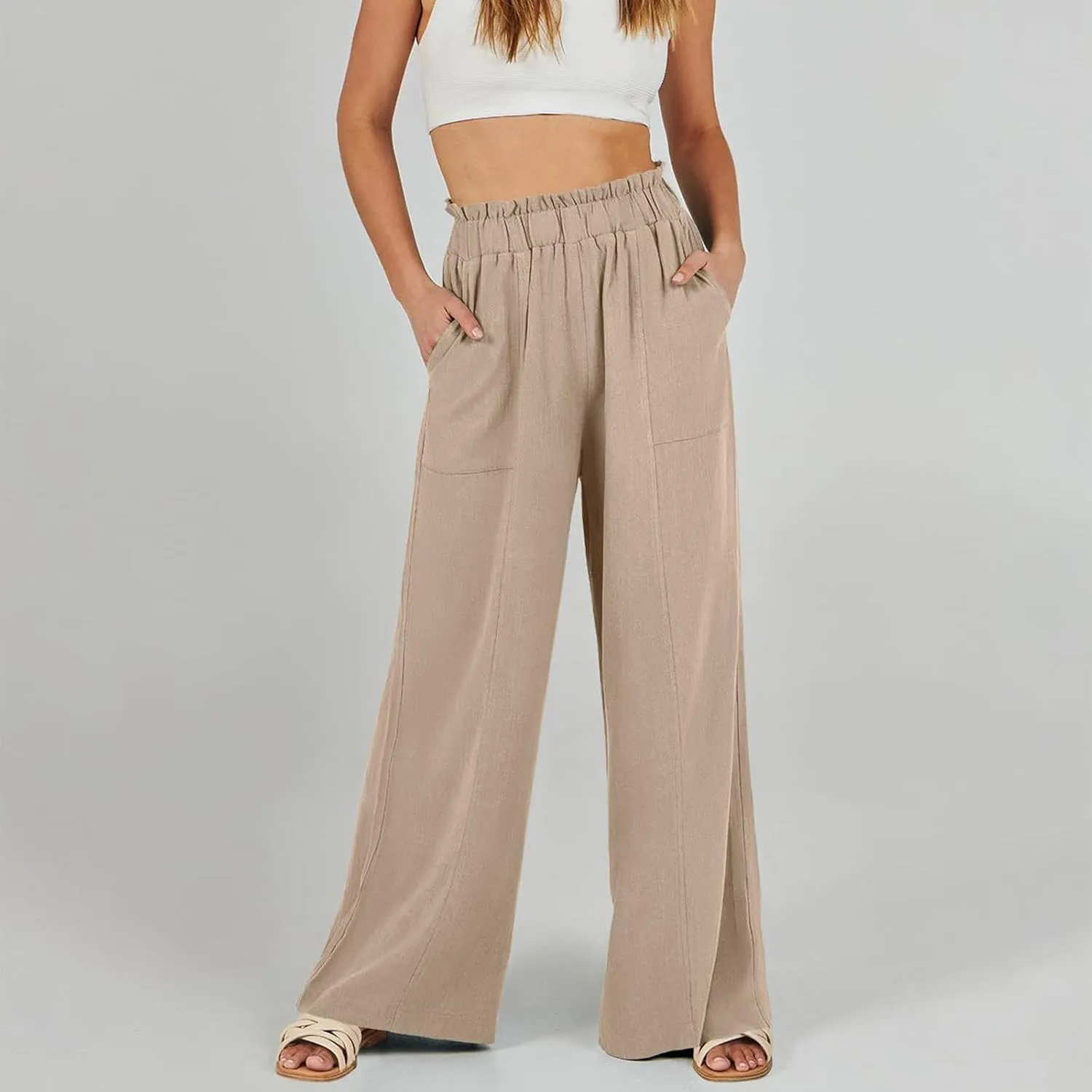 eoeioa Wide Leg Linen Pants for Women Summer Elastic High Waisted Palazzo Pants Business Casual Beach Trousers with Pockets