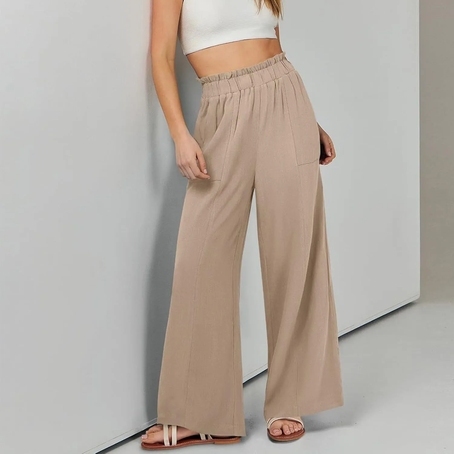 eoeioa Wide Leg Linen Pants for Women Summer Elastic High Waisted Palazzo Pants Business Casual Beach Trousers with Pockets