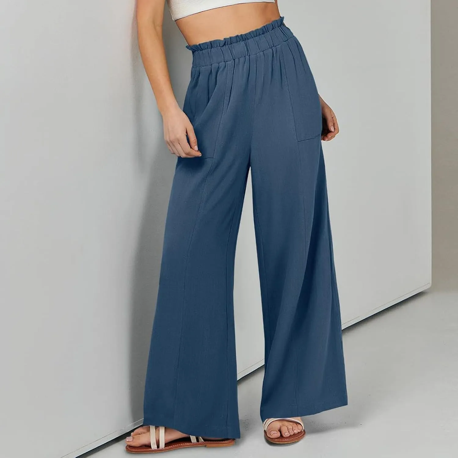 eoeioa Wide Leg Linen Pants for Women Summer Elastic High Waisted Palazzo Pants Business Casual Beach Trousers with Pockets