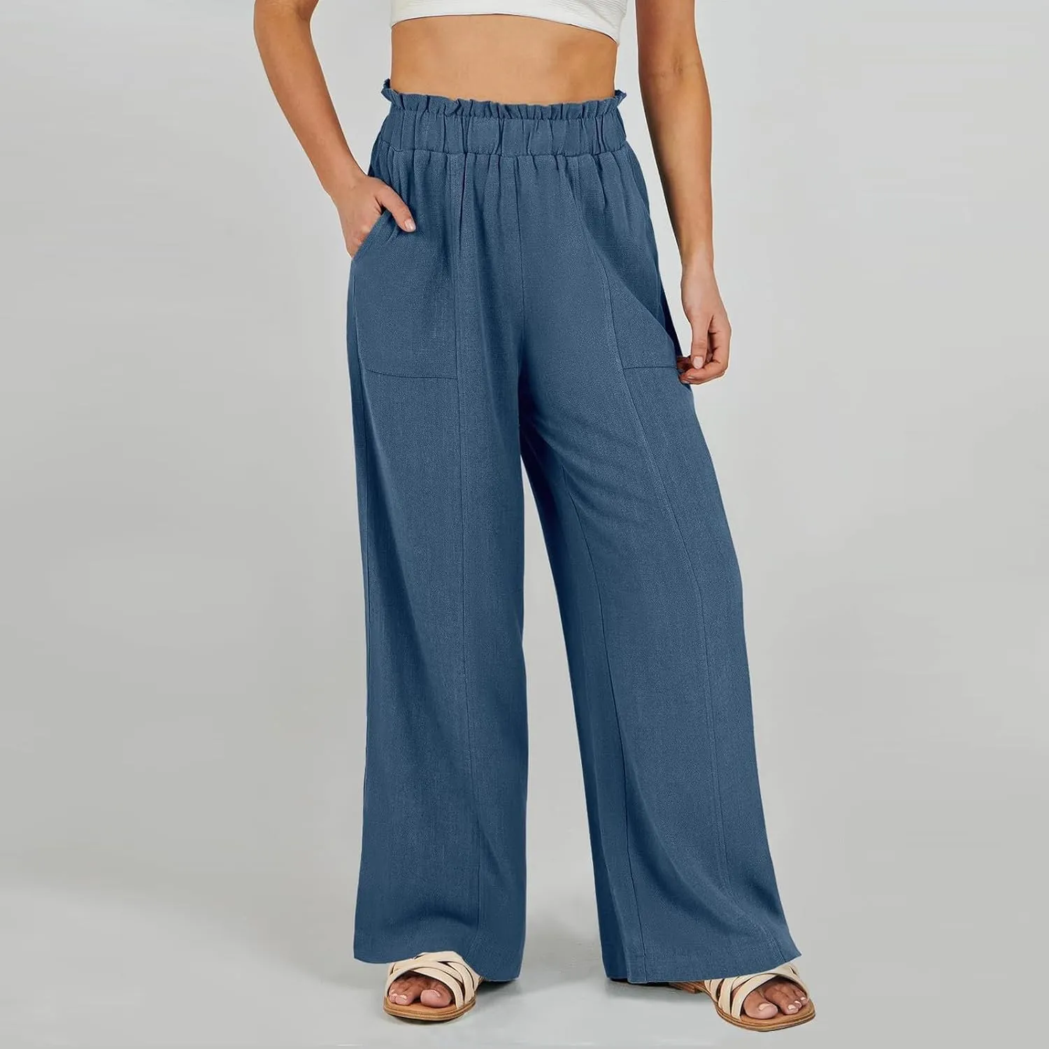 eoeioa Wide Leg Linen Pants for Women Summer Elastic High Waisted Palazzo Pants Business Casual Beach Trousers with Pockets