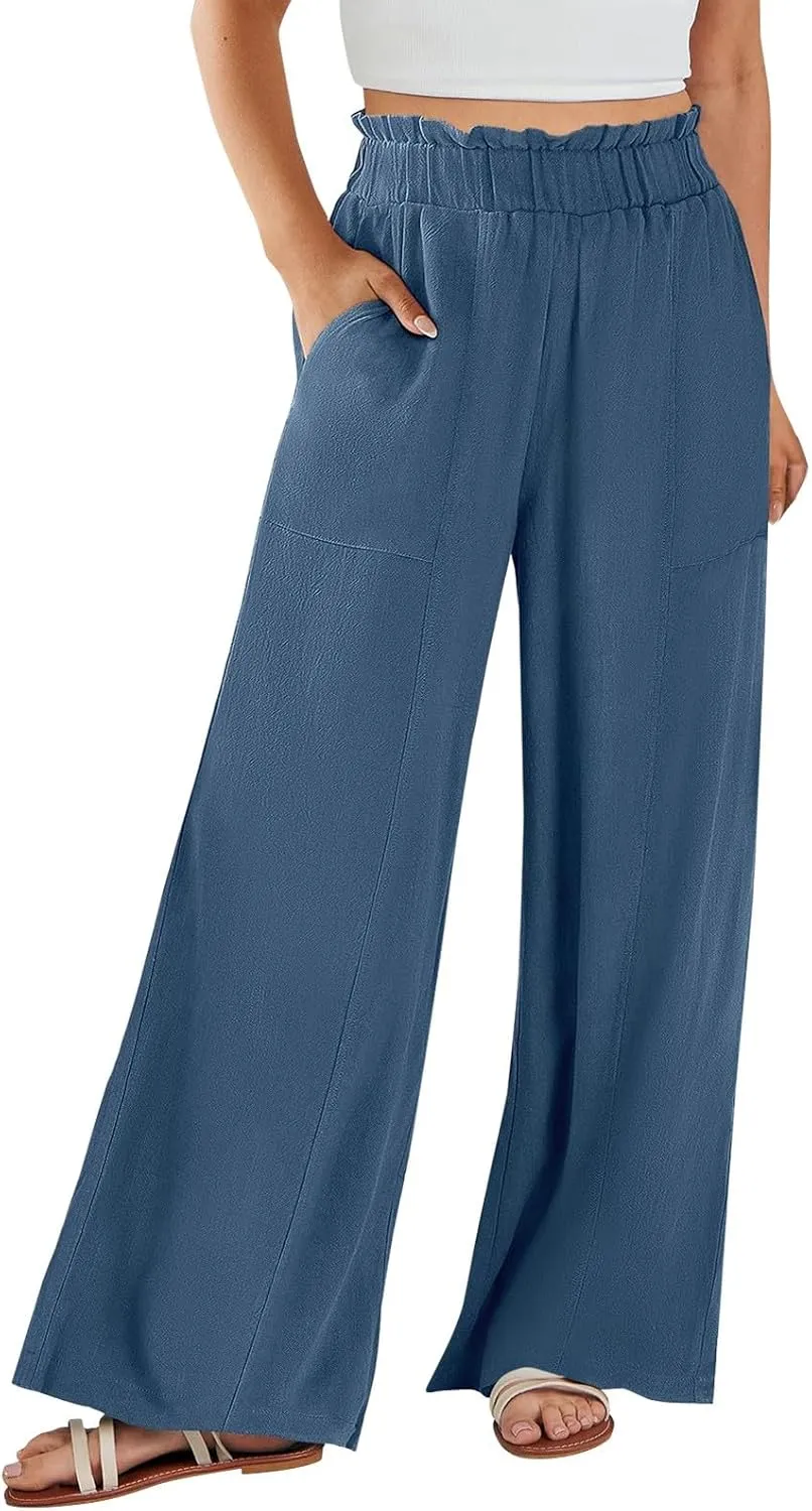 eoeioa Wide Leg Linen Pants for Women Summer Elastic High Waisted Palazzo Pants Business Casual Beach Trousers with Pockets