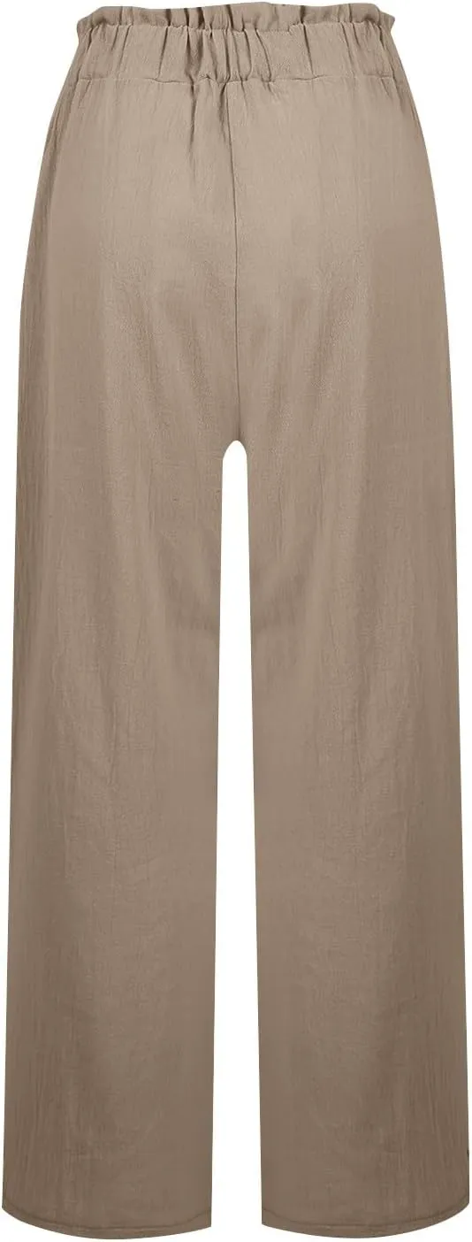 eoeioa Wide Leg Linen Pants for Women Summer Elastic High Waisted Palazzo Pants Business Casual Beach Trousers with Pockets