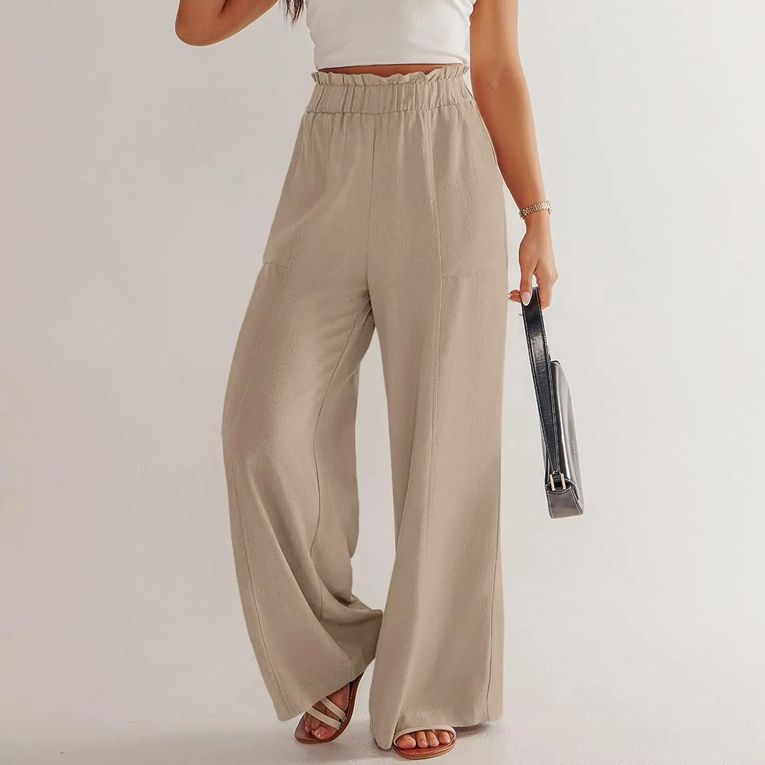 eoeioa Wide Leg Linen Pants for Women Summer Elastic High Waisted Palazzo Pants Business Casual Beach Trousers with Pockets