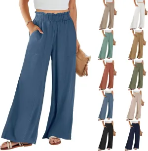 eoeioa Wide Leg Linen Pants for Women Summer Elastic High Waisted Palazzo Pants Business Casual Beach Trousers with Pockets