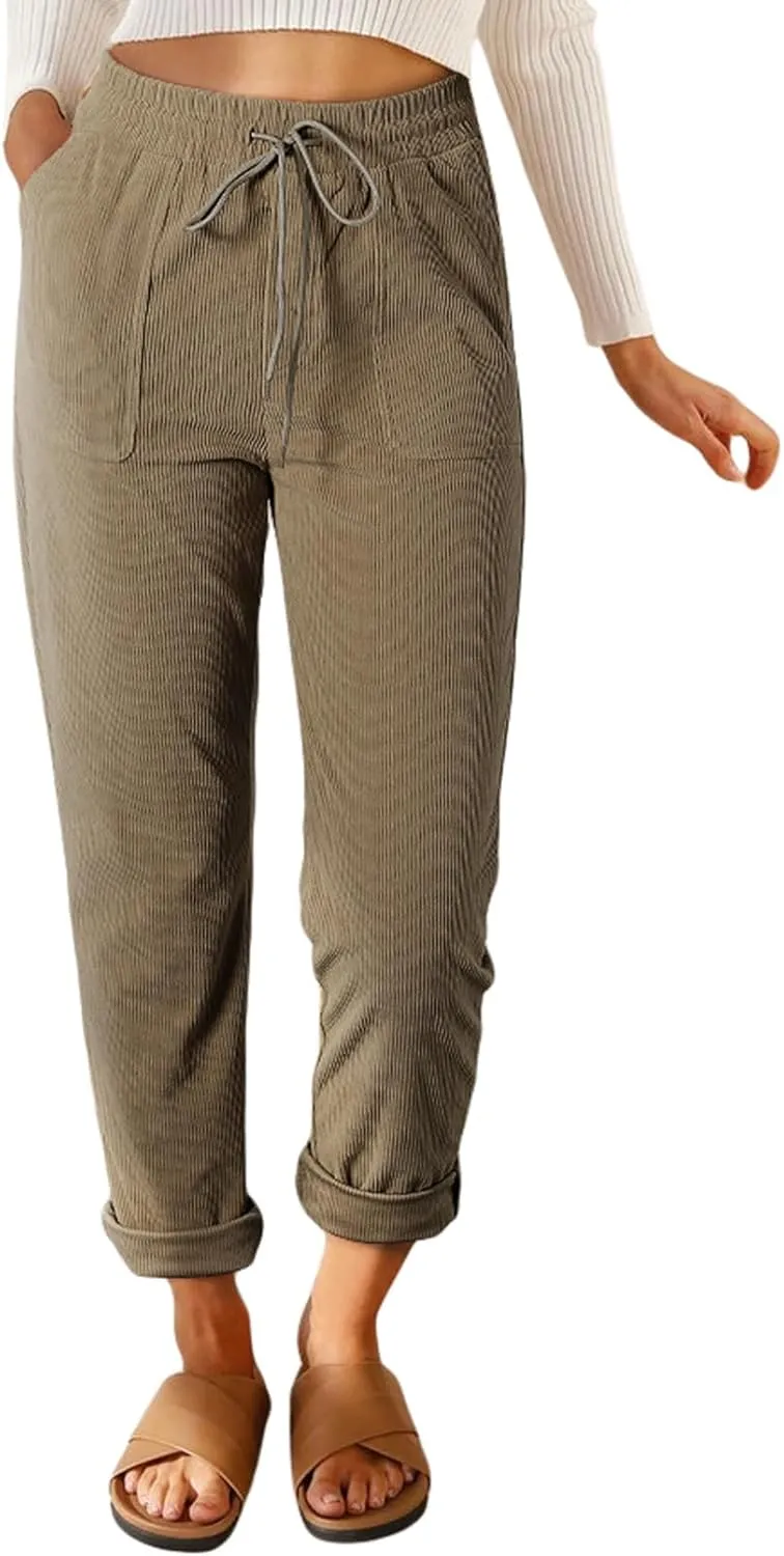 EVALESS Corduroy Pants for Women Casual Drawstring Elastic High Waist Straight Leg Pants Loose Comfy Trousers with Pockets