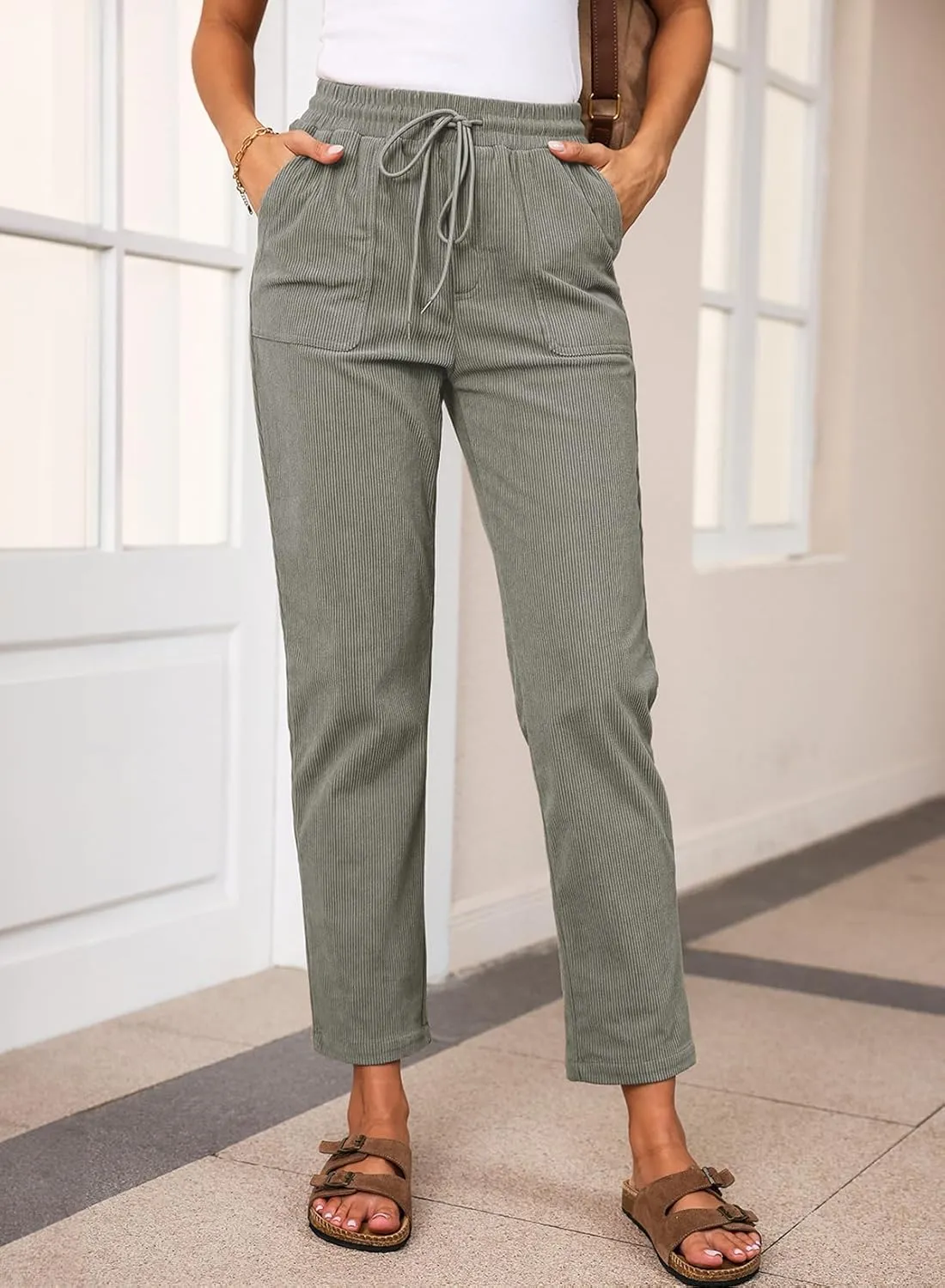 EVALESS Corduroy Pants for Women Casual Drawstring Elastic High Waist Straight Leg Pants Loose Comfy Trousers with Pockets