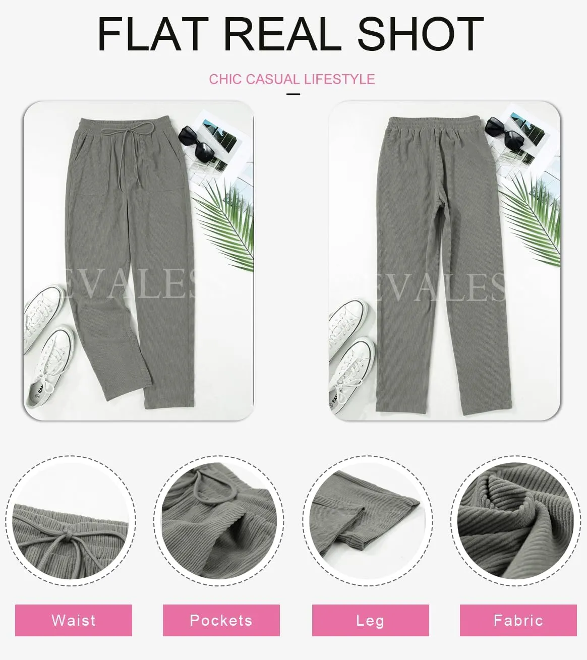 EVALESS Corduroy Pants for Women Casual Drawstring Elastic High Waist Straight Leg Pants Loose Comfy Trousers with Pockets